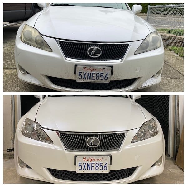 white car foggy versus clear restored headlights