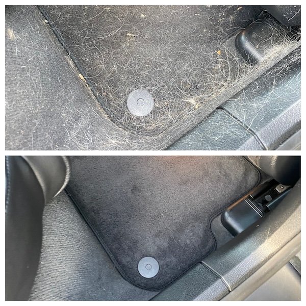 before and after showing dog hair removal from car floor mats